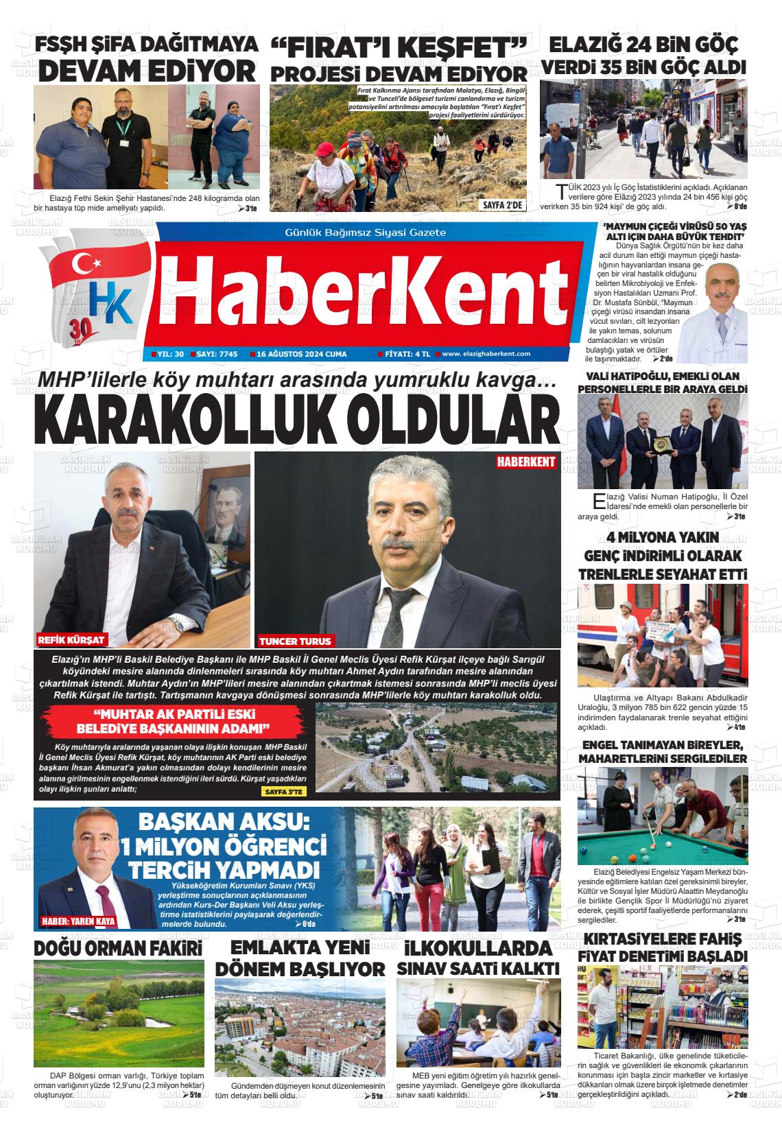 16 Ağustos 2024 Elazığ Haberkent Gazete Manşeti