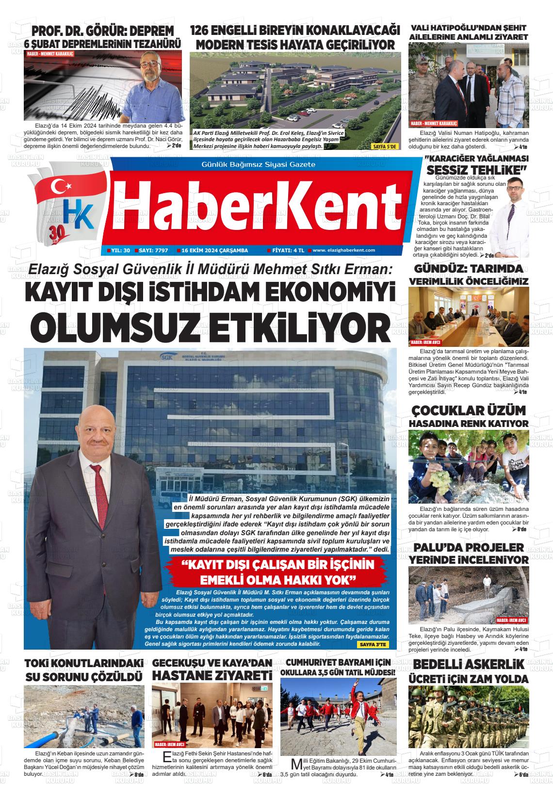 16 Ekim 2024 Elazığ Haberkent Gazete Manşeti