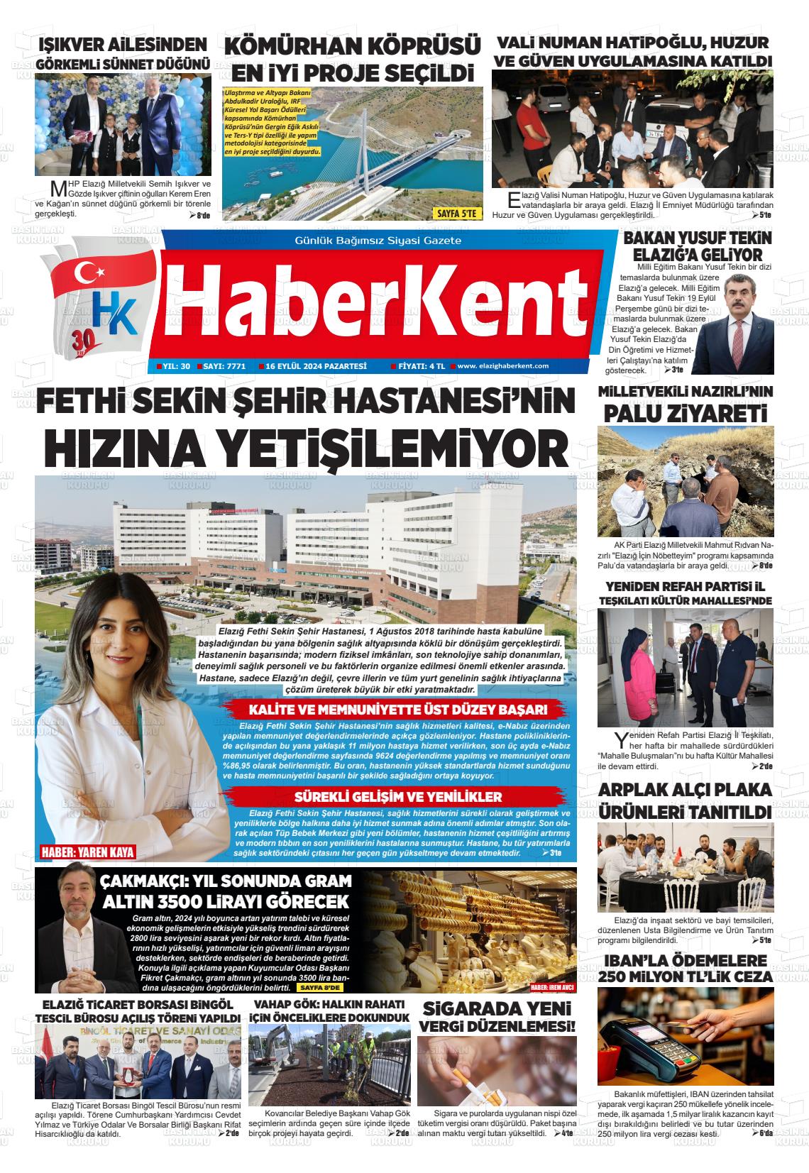 16 Eylül 2024 Elazığ Haberkent Gazete Manşeti