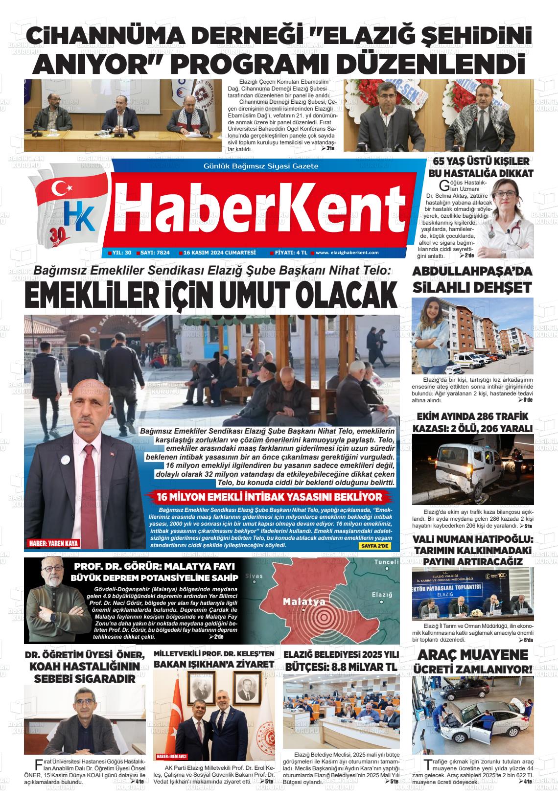 16 Kasım 2024 Elazığ Haberkent Gazete Manşeti