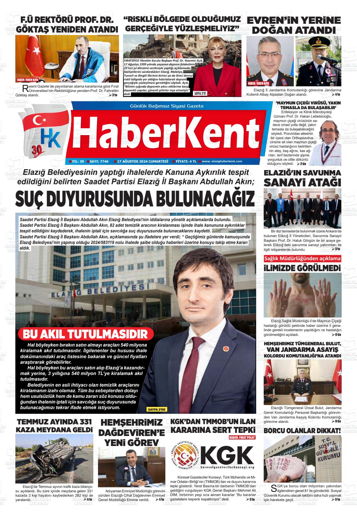 17 Ağustos 2024 Elazığ Haberkent Gazete Manşeti