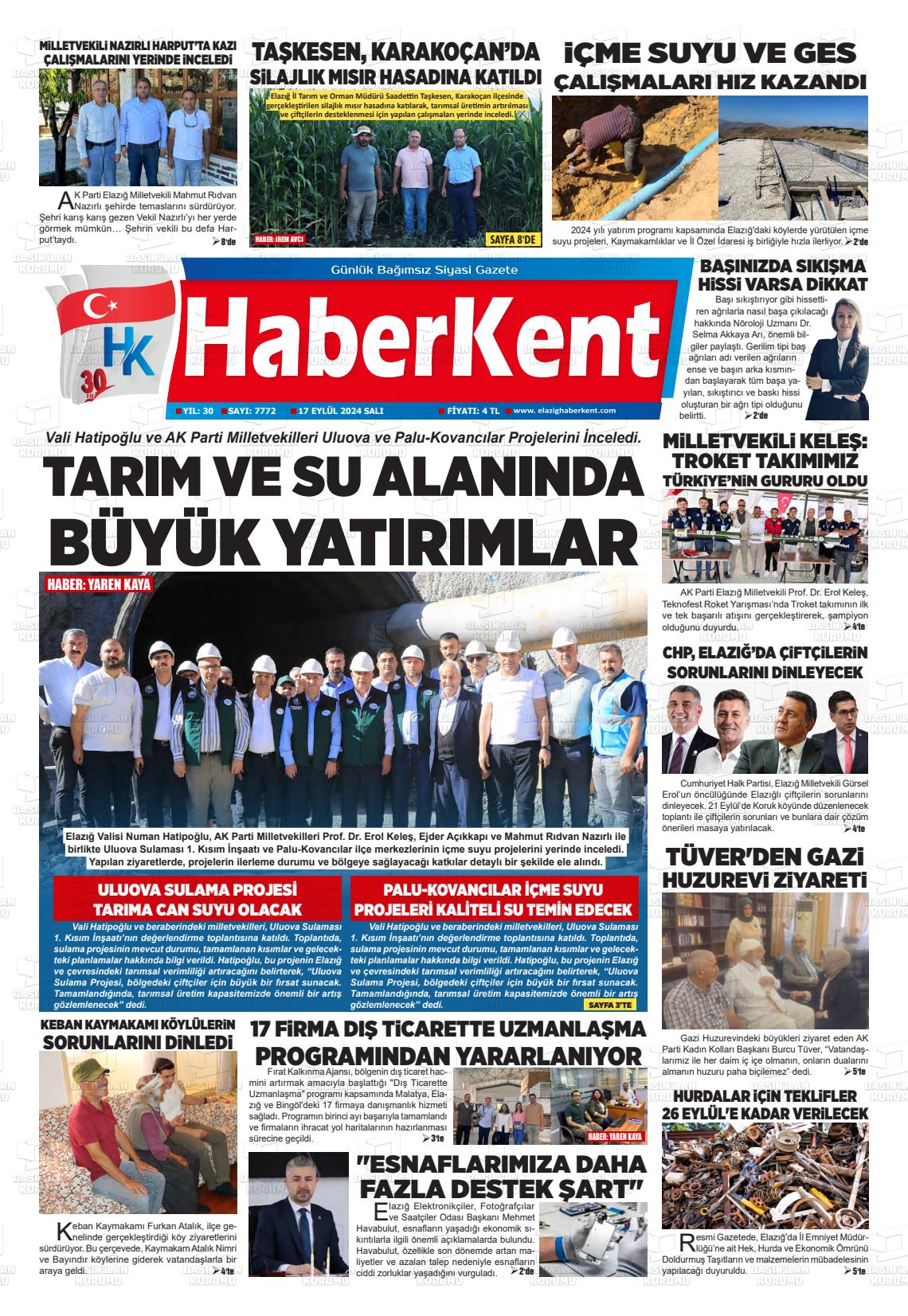 17 Eylül 2024 Elazığ Haberkent Gazete Manşeti