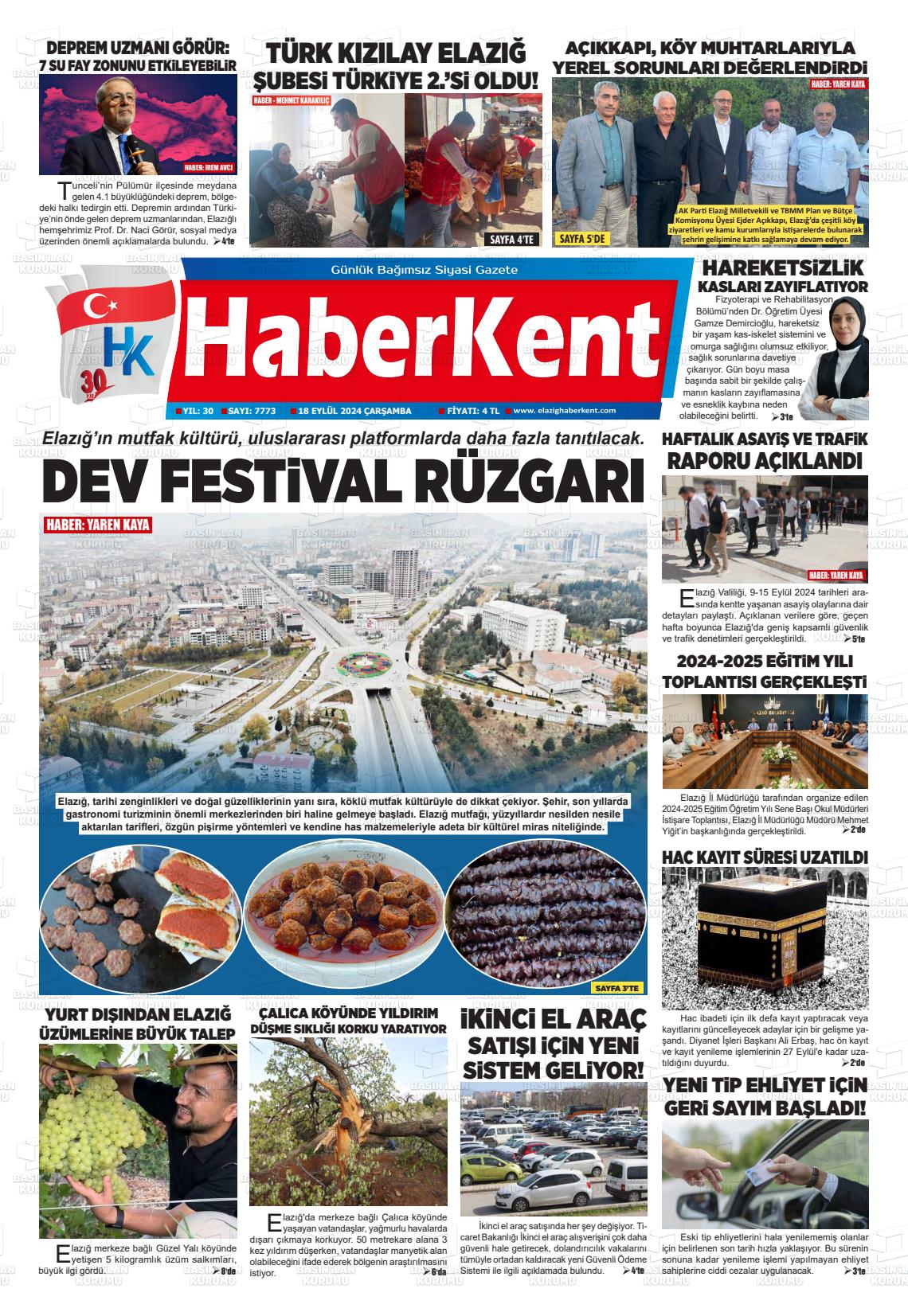 18 Eylül 2024 Elazığ Haberkent Gazete Manşeti