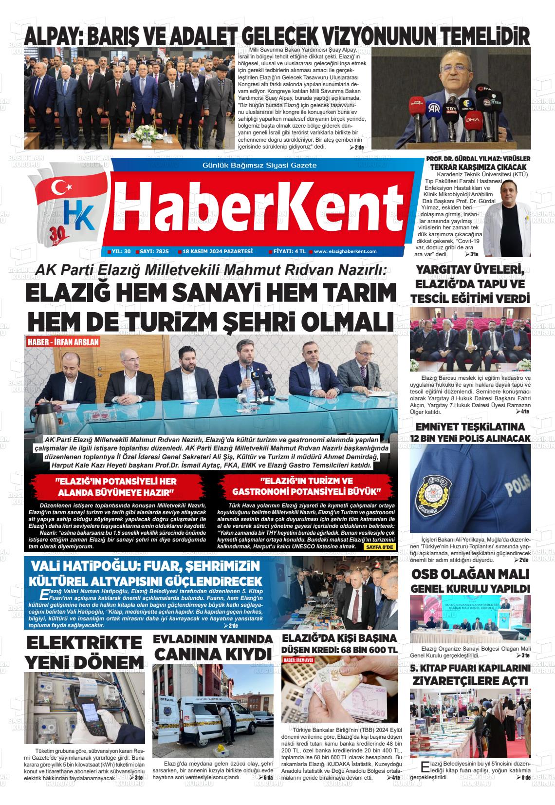 18 Kasım 2024 Elazığ Haberkent Gazete Manşeti