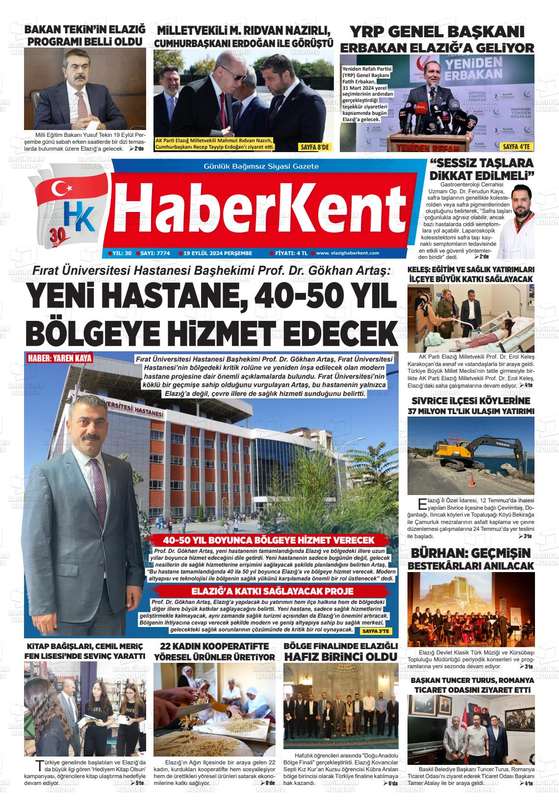 19 Eylül 2024 Elazığ Haberkent Gazete Manşeti