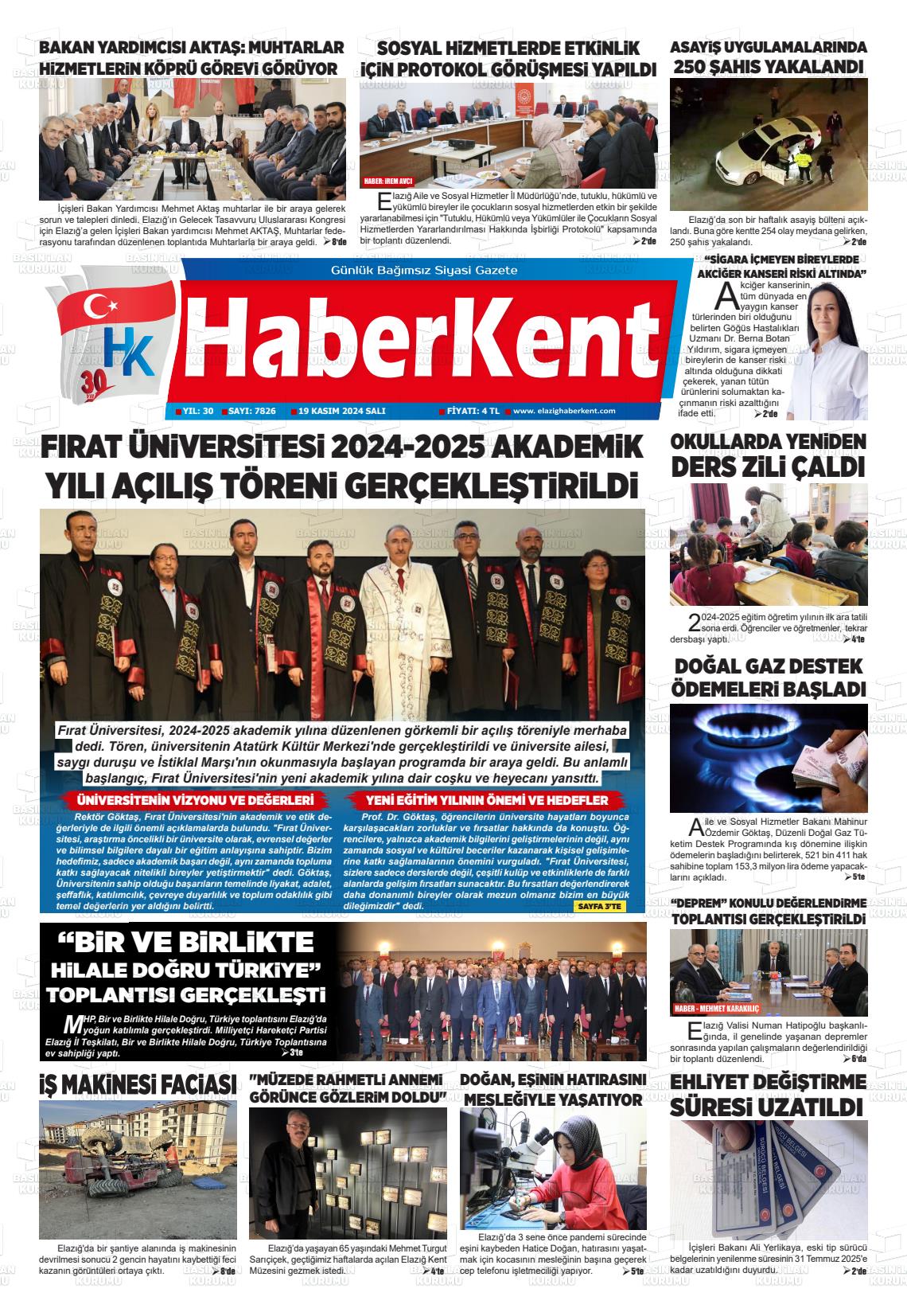 19 Kasım 2024 Elazığ Haberkent Gazete Manşeti