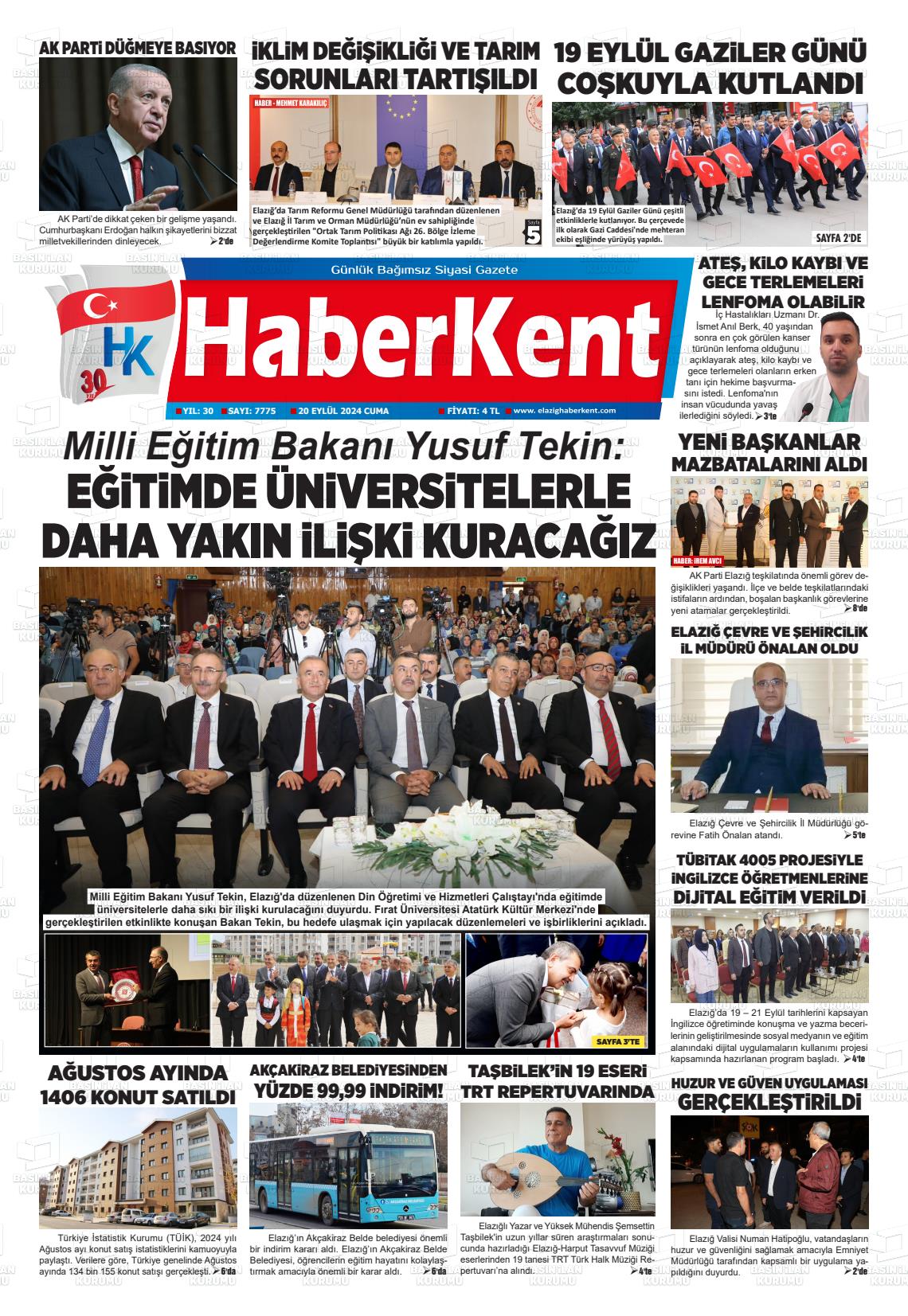 20 Eylül 2024 Elazığ Haberkent Gazete Manşeti