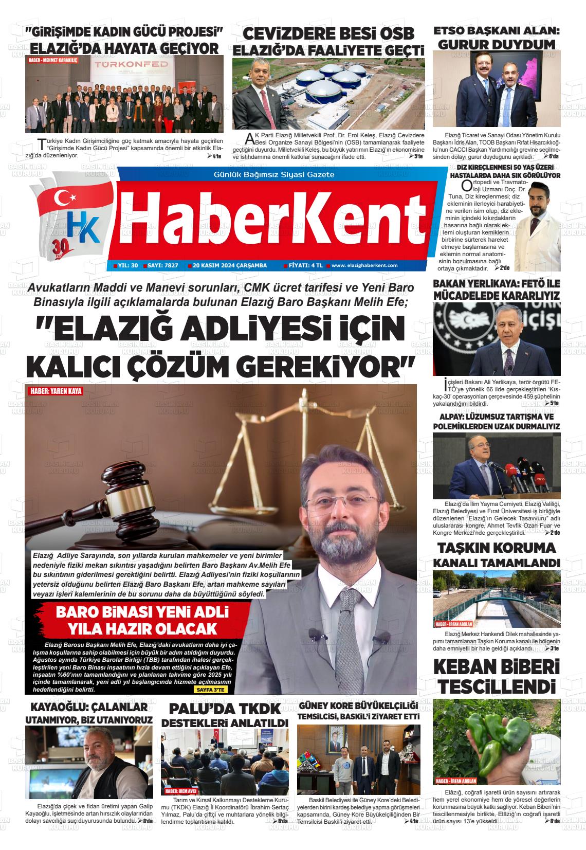 20 Kasım 2024 Elazığ Haberkent Gazete Manşeti