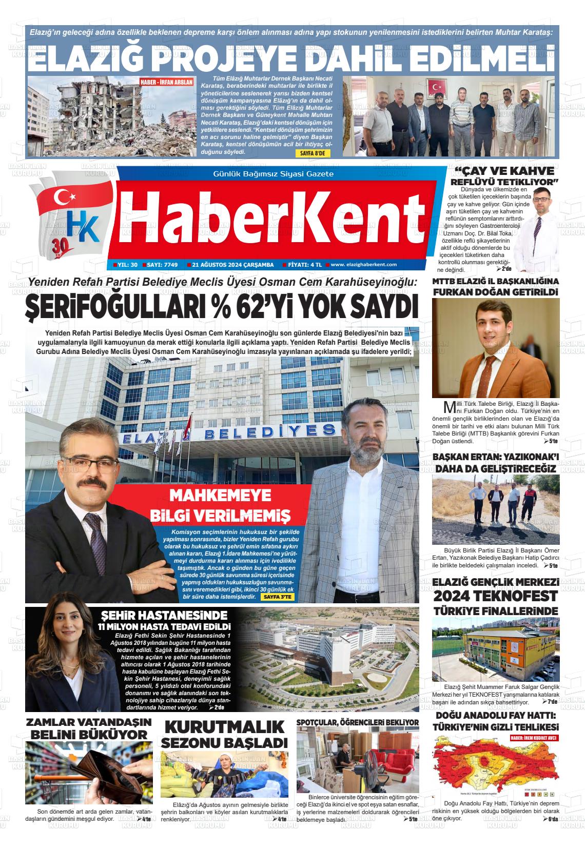 21 Ağustos 2024 Elazığ Haberkent Gazete Manşeti