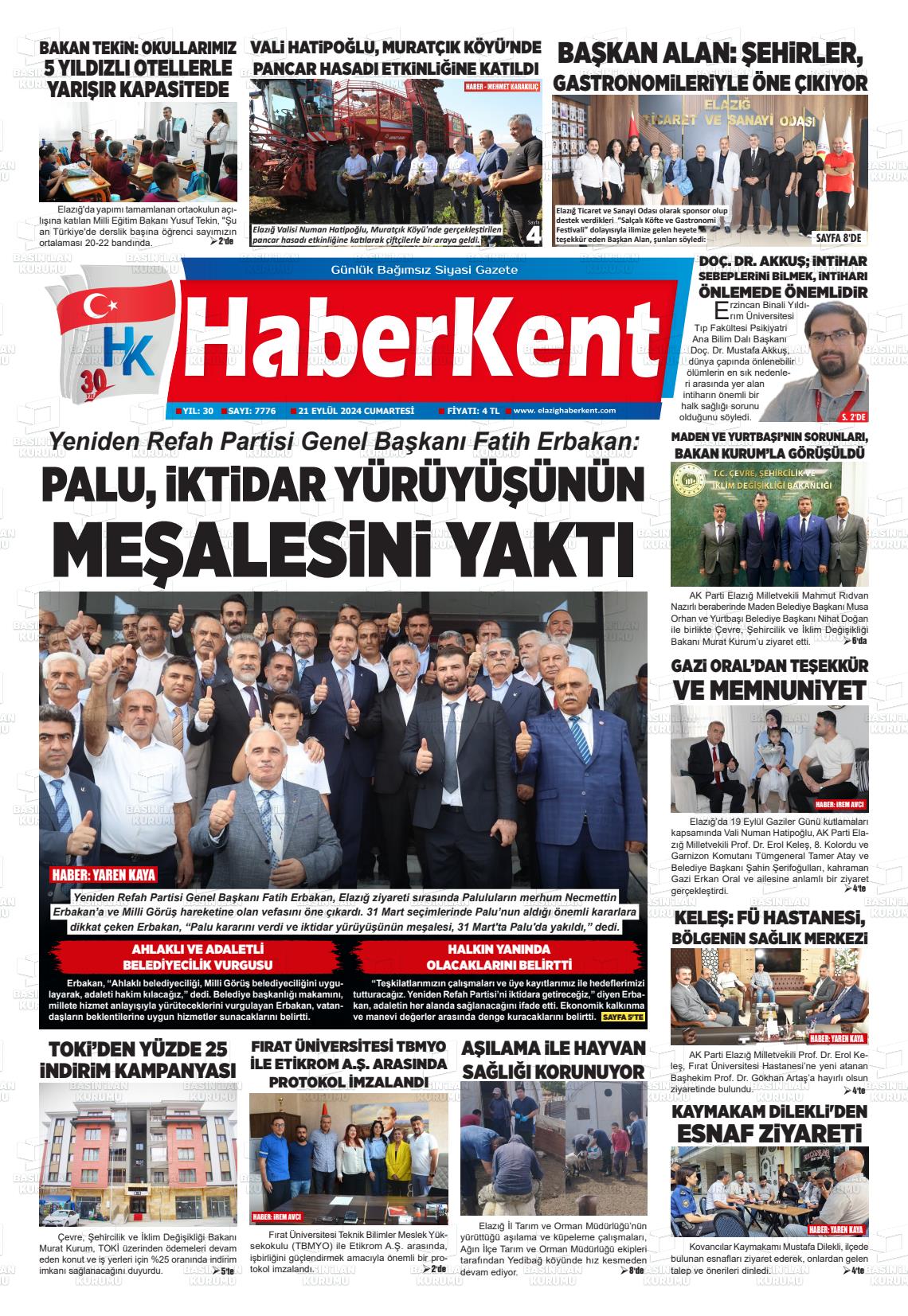 21 Eylül 2024 Elazığ Haberkent Gazete Manşeti