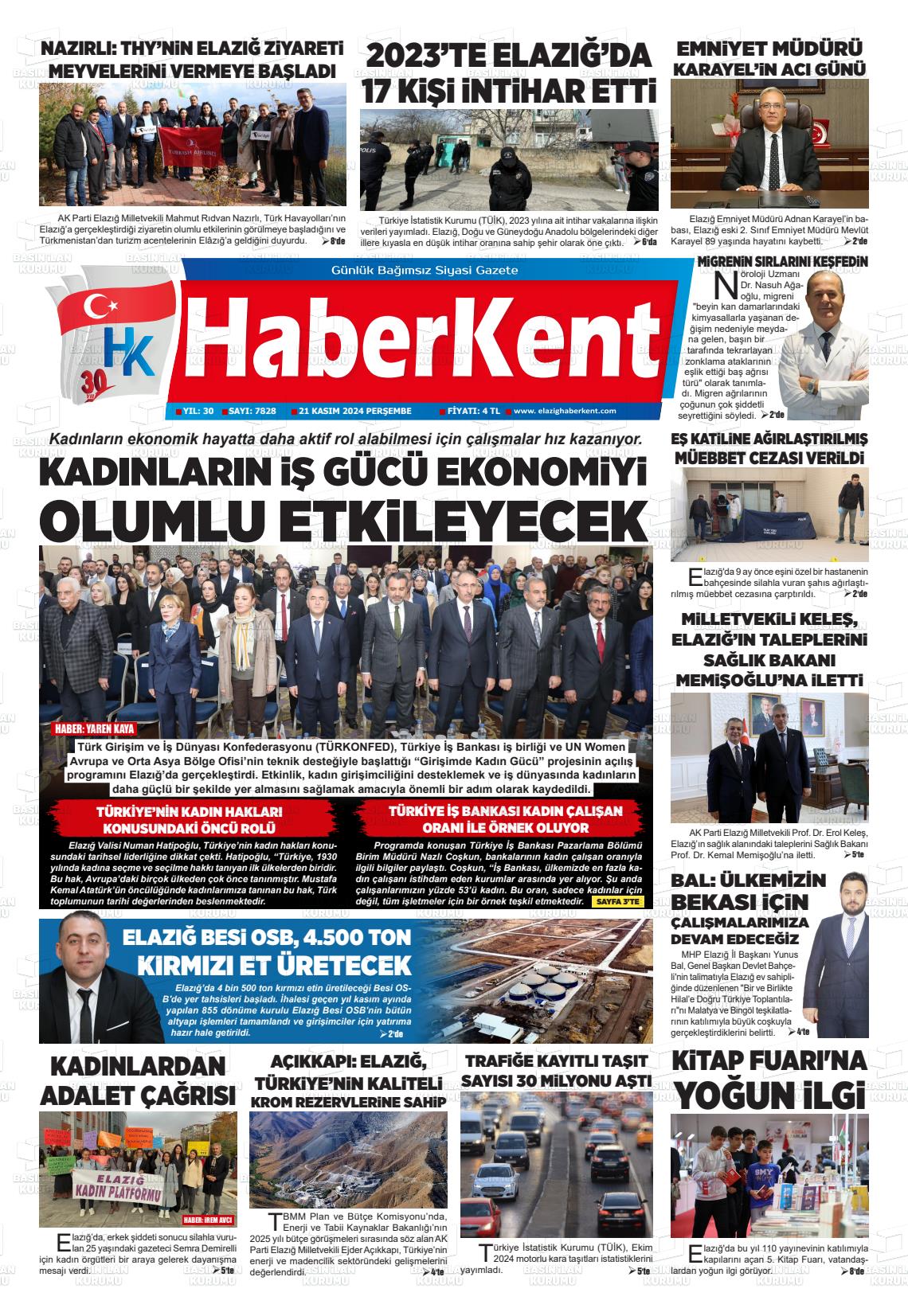 21 Kasım 2024 Elazığ Haberkent Gazete Manşeti