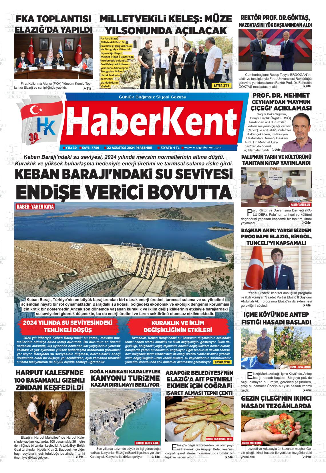 22 Ağustos 2024 Elazığ Haberkent Gazete Manşeti