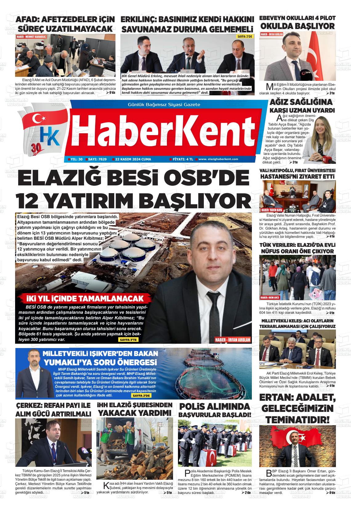 22 Kasım 2024 Elazığ Haberkent Gazete Manşeti