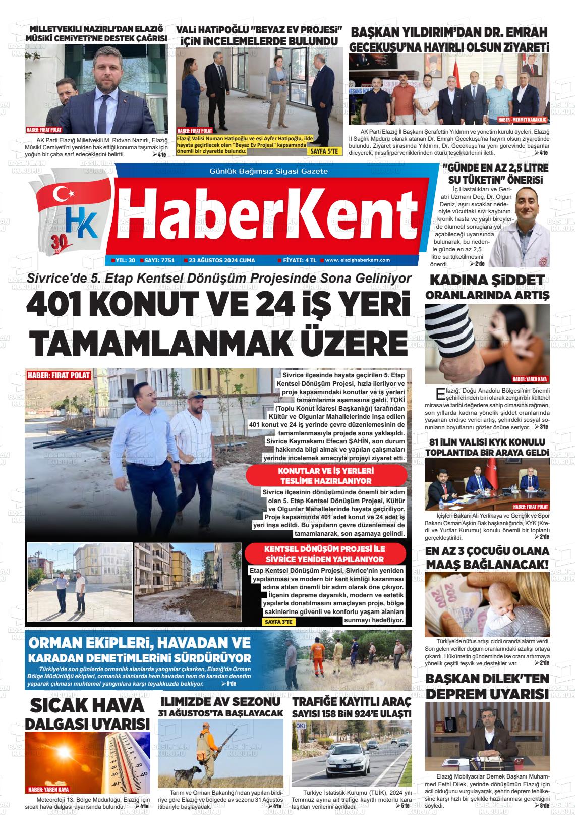 23 Ağustos 2024 Elazığ Haberkent Gazete Manşeti