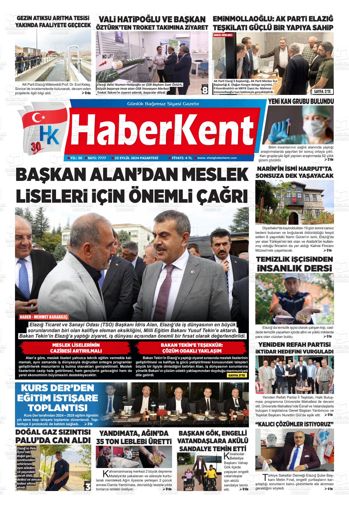 23 Eylül 2024 Elazığ Haberkent Gazete Manşeti