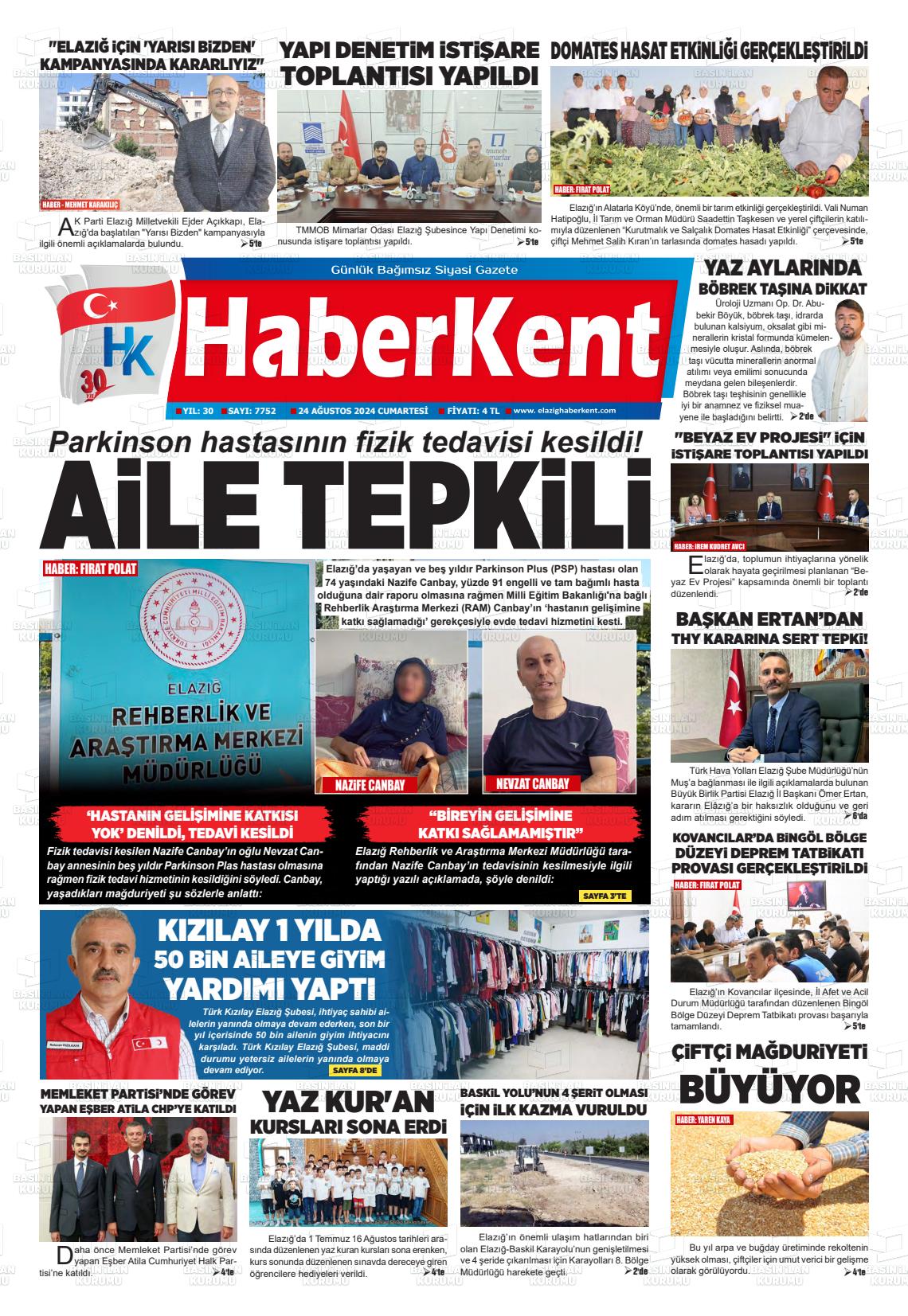 24 Ağustos 2024 Elazığ Haberkent Gazete Manşeti