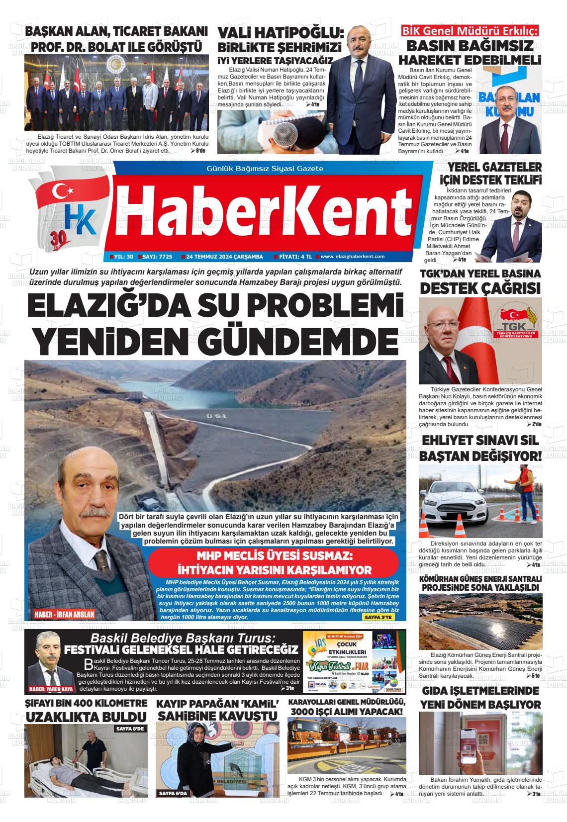 24 Temmuz 2024 Elazığ Haberkent Gazete Manşeti