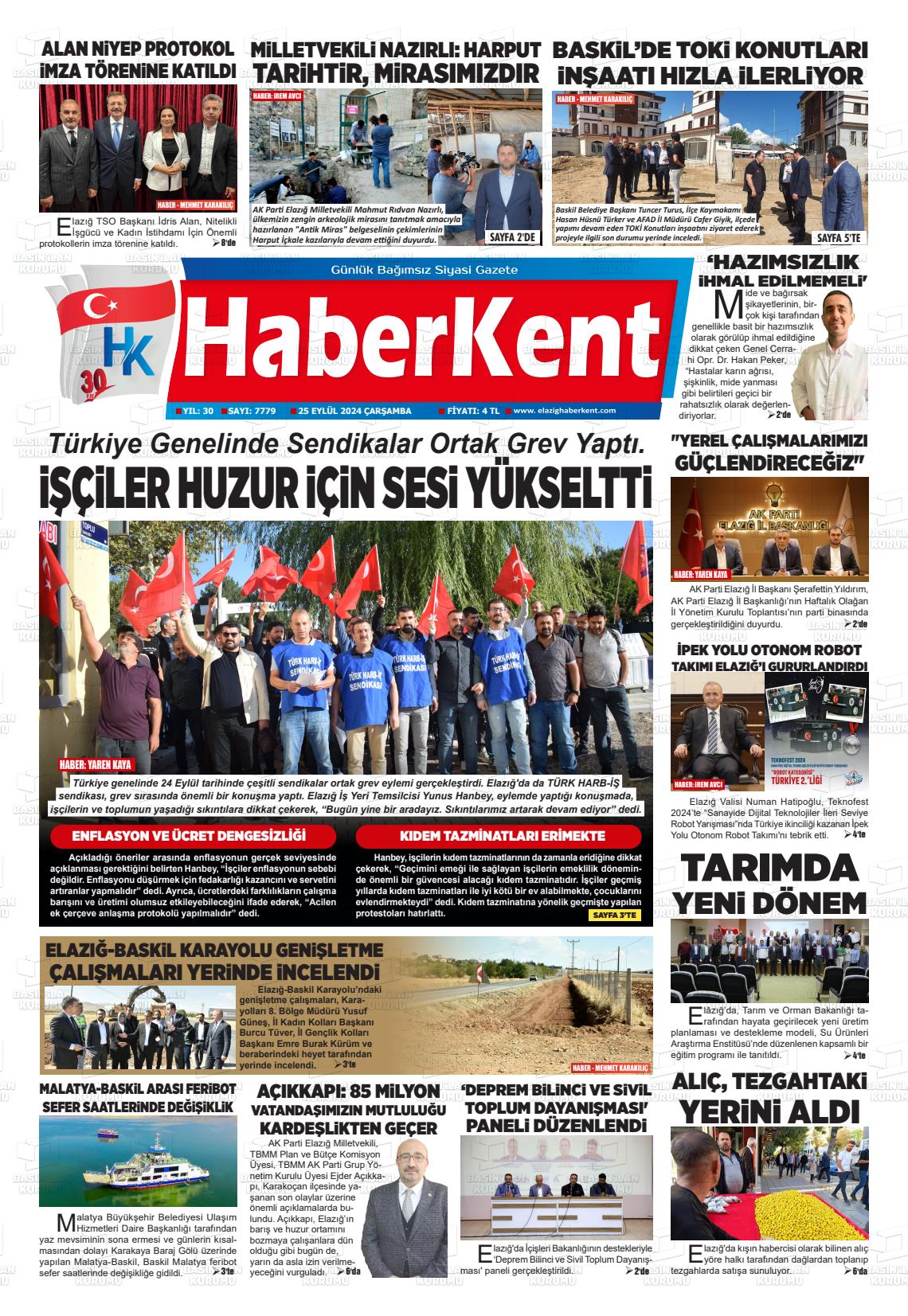 25 Eylül 2024 Elazığ Haberkent Gazete Manşeti