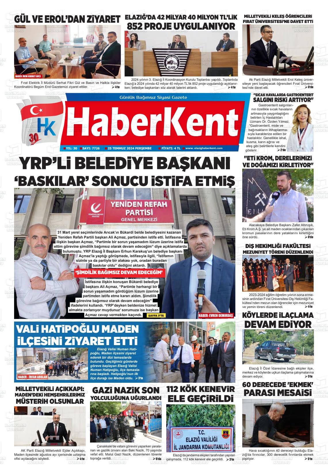 25 Temmuz 2024 Elazığ Haberkent Gazete Manşeti