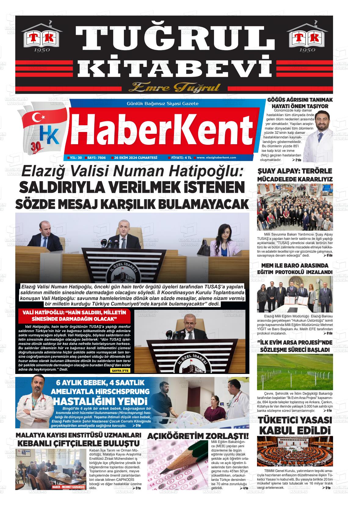 26 Ekim 2024 Elazığ Haberkent Gazete Manşeti