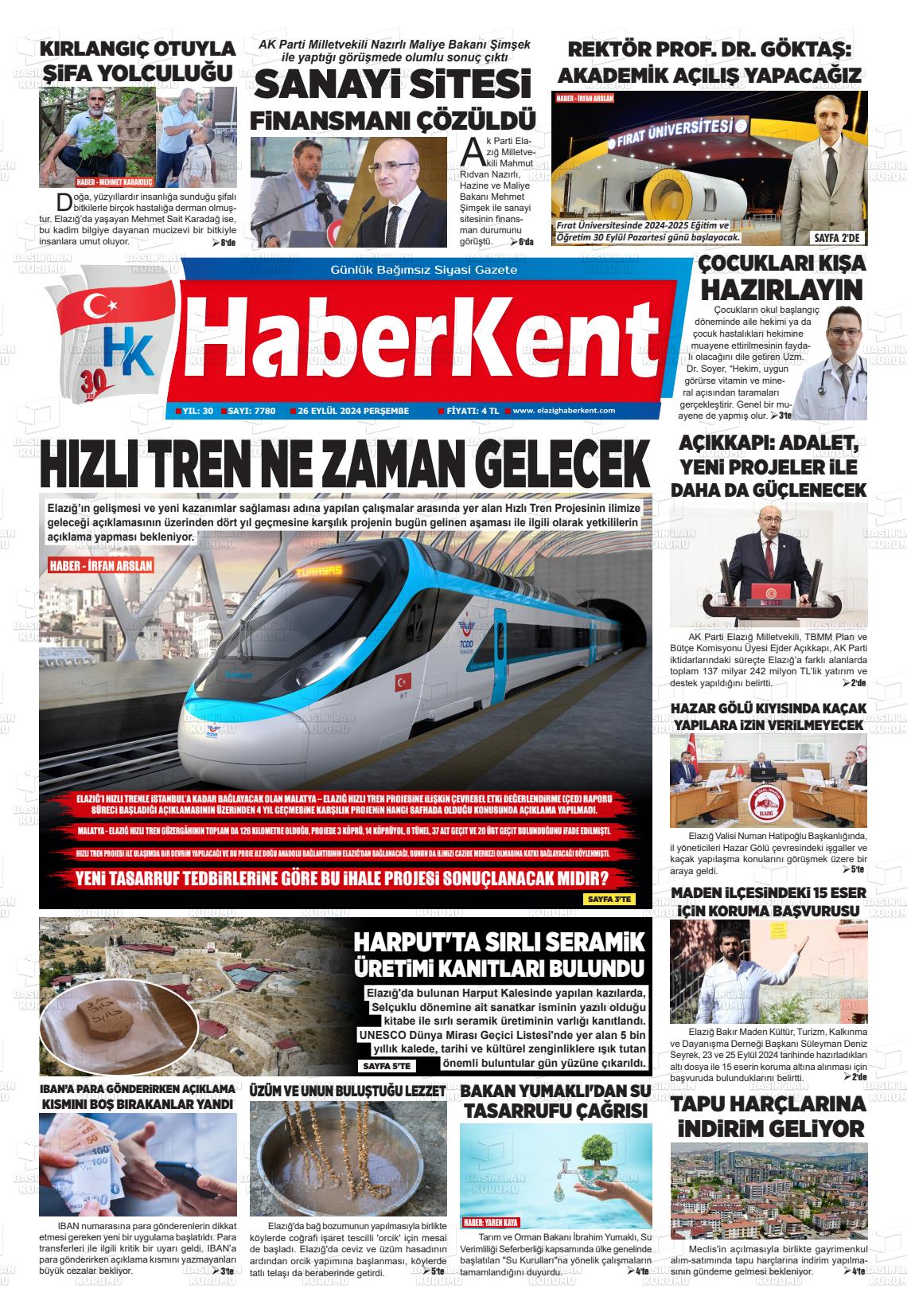 26 Eylül 2024 Elazığ Haberkent Gazete Manşeti