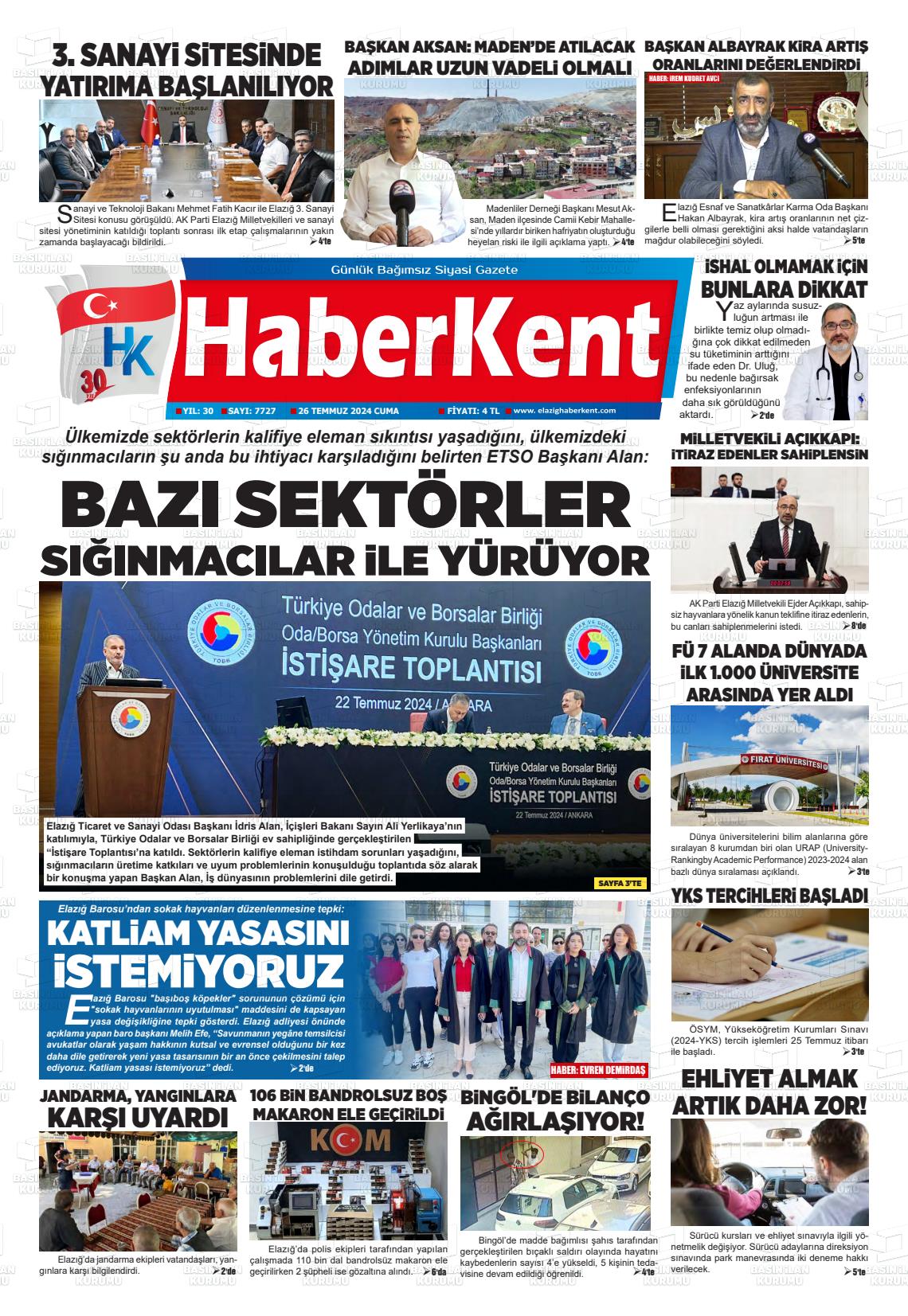 26 Temmuz 2024 Elazığ Haberkent Gazete Manşeti