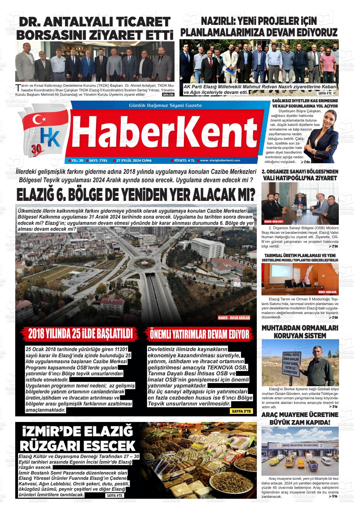 27 Eylül 2024 Elazığ Haberkent Gazete Manşeti