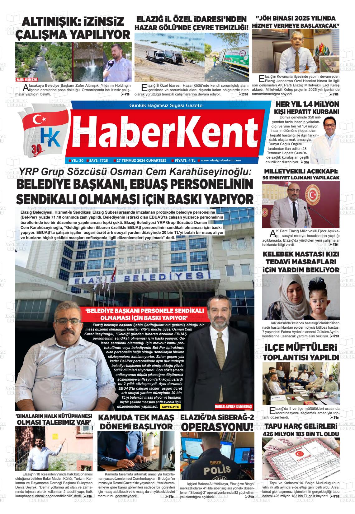 27 Temmuz 2024 Elazığ Haberkent Gazete Manşeti