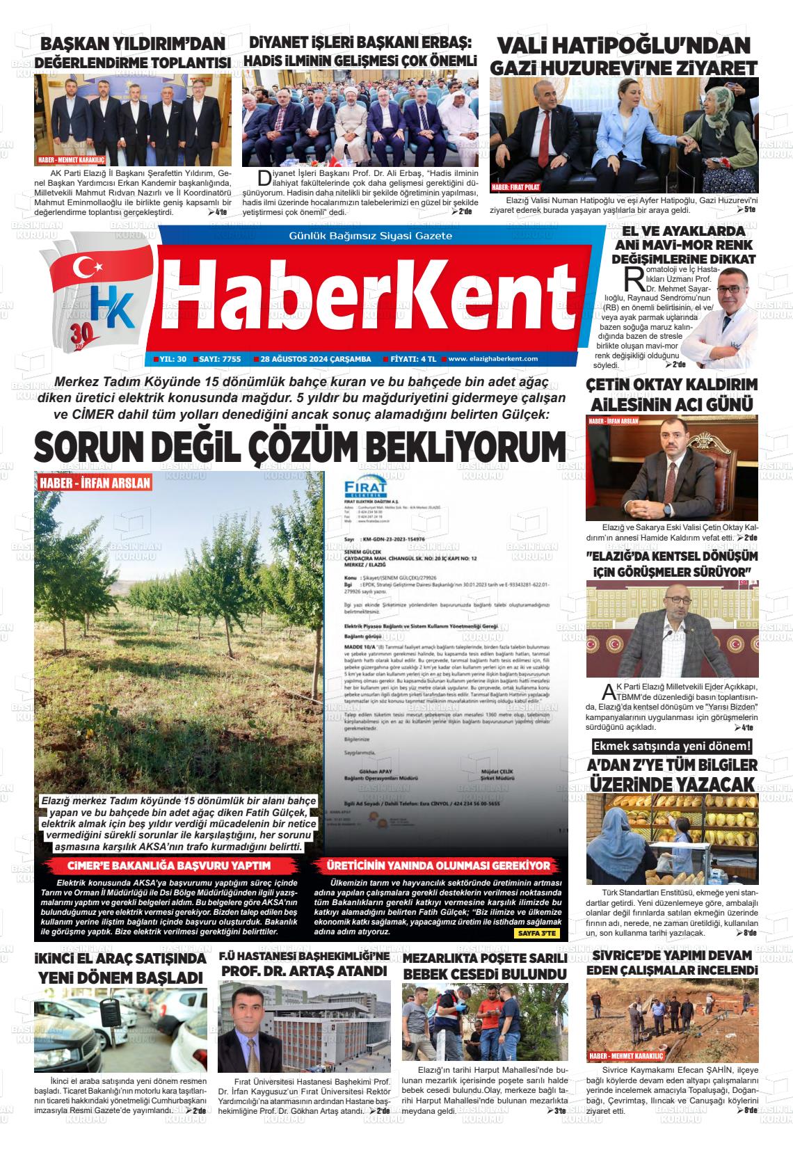 28 Ağustos 2024 Elazığ Haberkent Gazete Manşeti