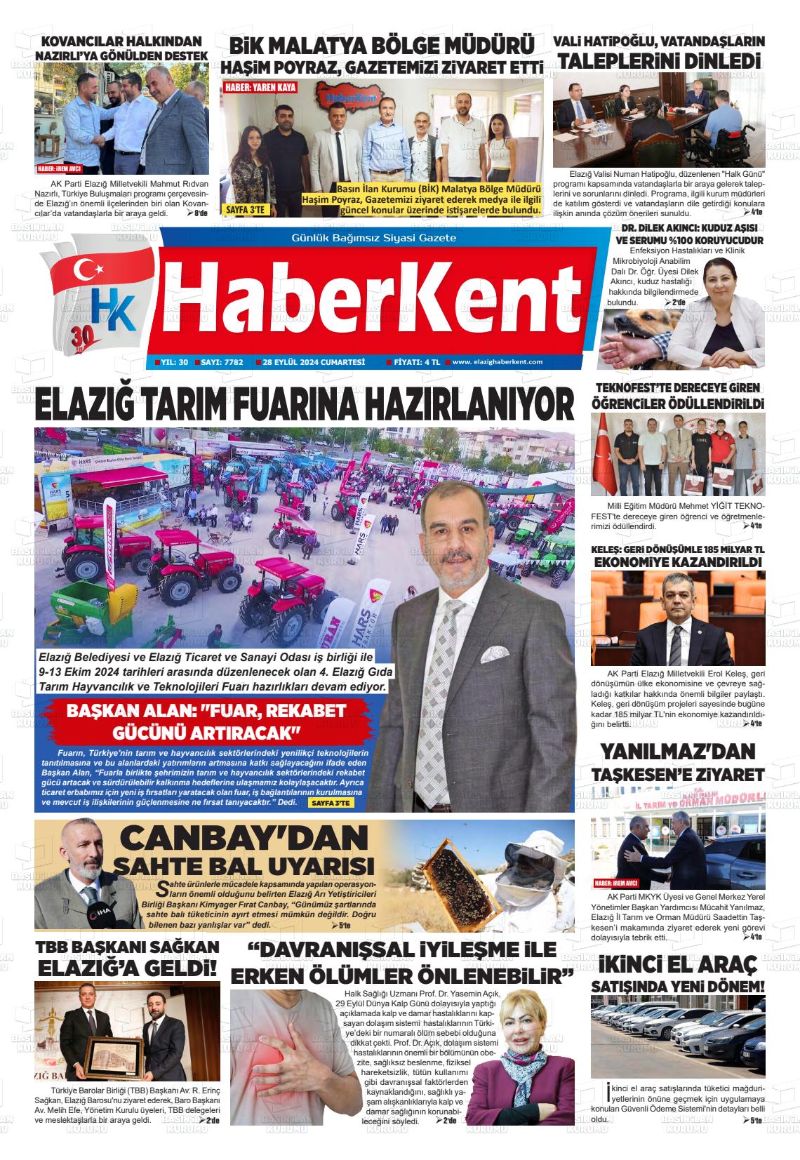 28 Eylül 2024 Elazığ Haberkent Gazete Manşeti