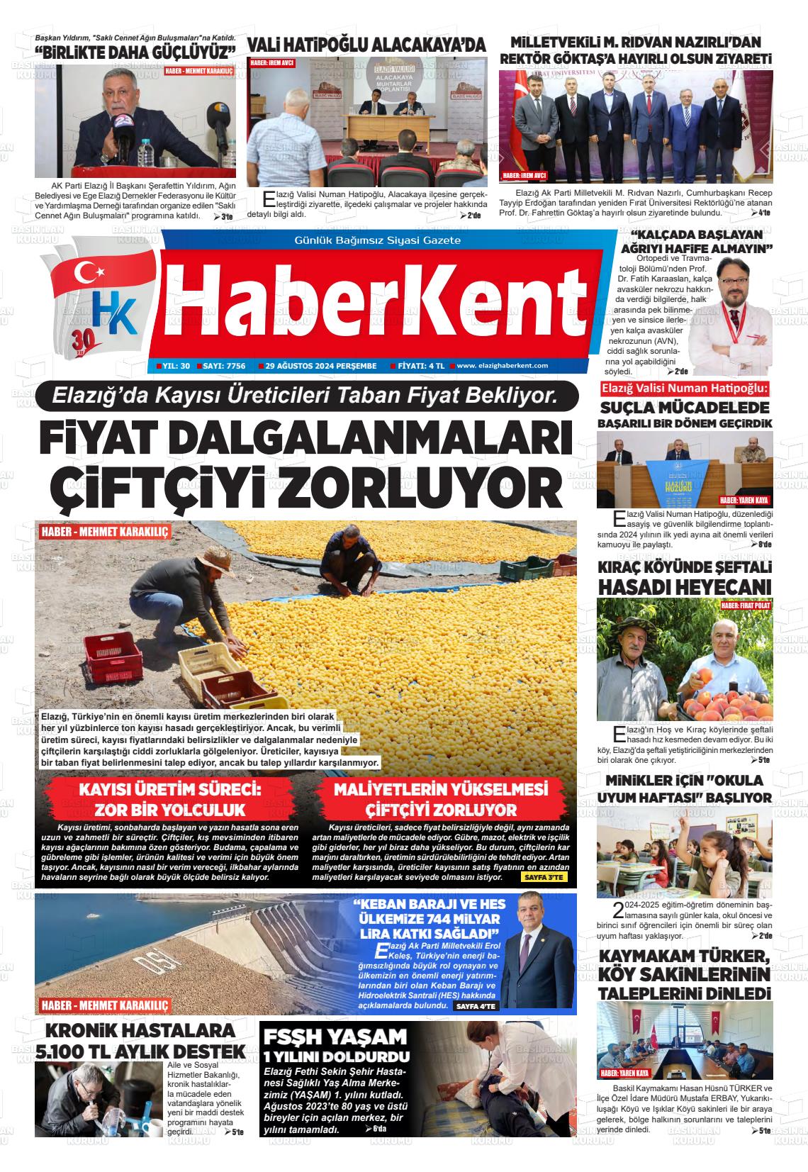 29 Ağustos 2024 Elazığ Haberkent Gazete Manşeti