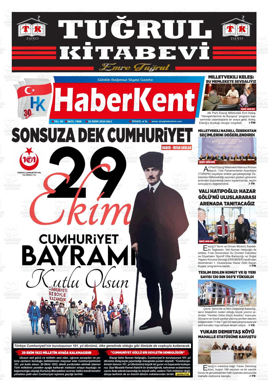 29 Ekim 2024 Elazığ Haberkent Gazete Manşeti