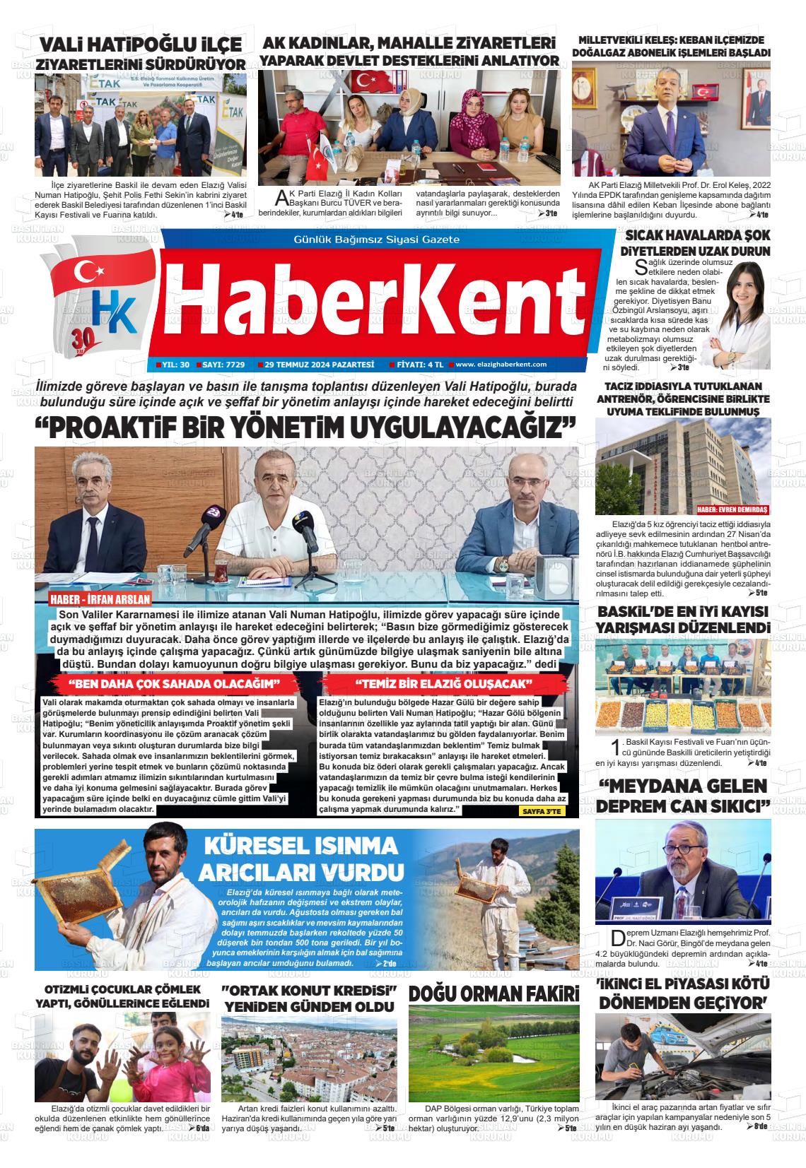 29 Temmuz 2024 Elazığ Haberkent Gazete Manşeti