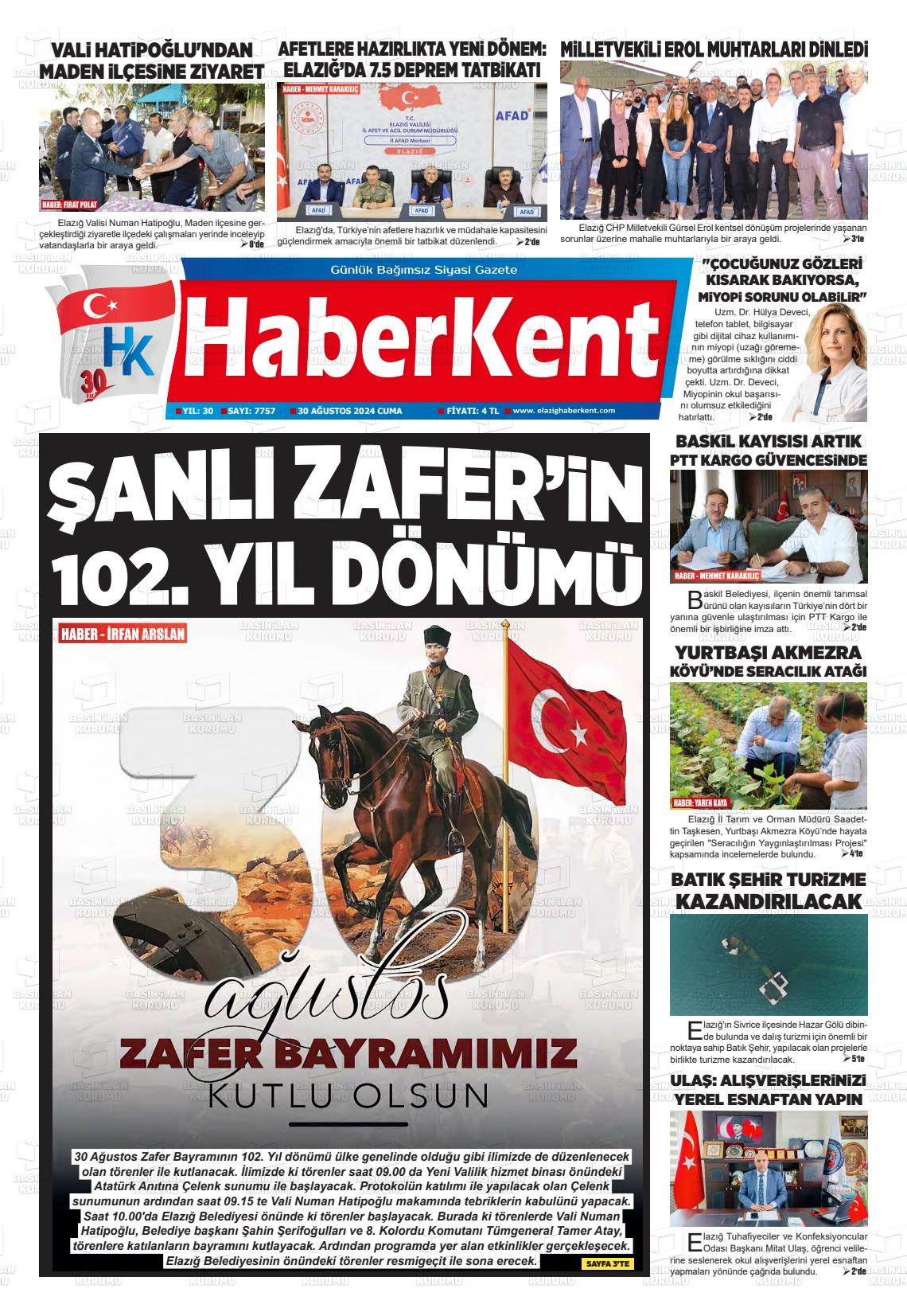 30 Ağustos 2024 Elazığ Haberkent Gazete Manşeti