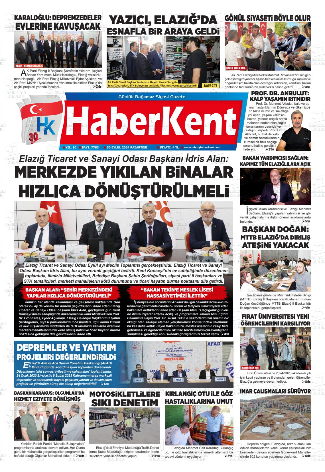 30 Eylül 2024 Elazığ Haberkent Gazete Manşeti