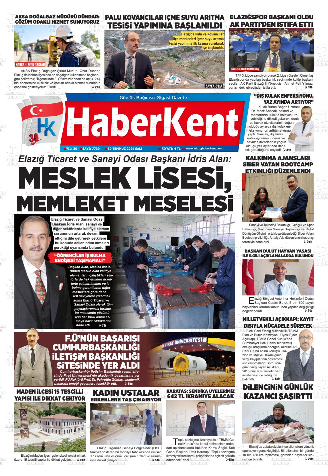 30 Temmuz 2024 Elazığ Haberkent Gazete Manşeti