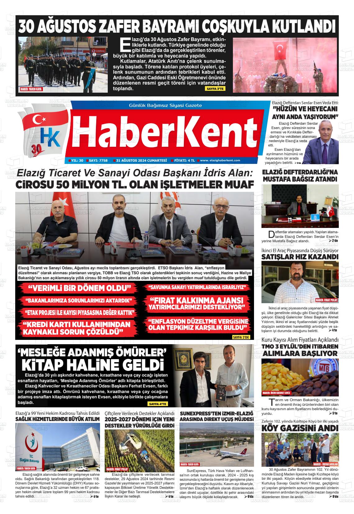 31 Ağustos 2024 Elazığ Haberkent Gazete Manşeti