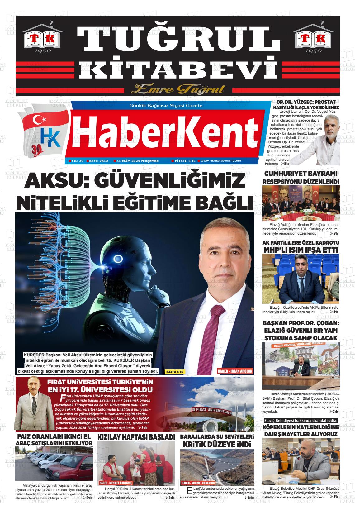 31 Ekim 2024 Elazığ Haberkent Gazete Manşeti