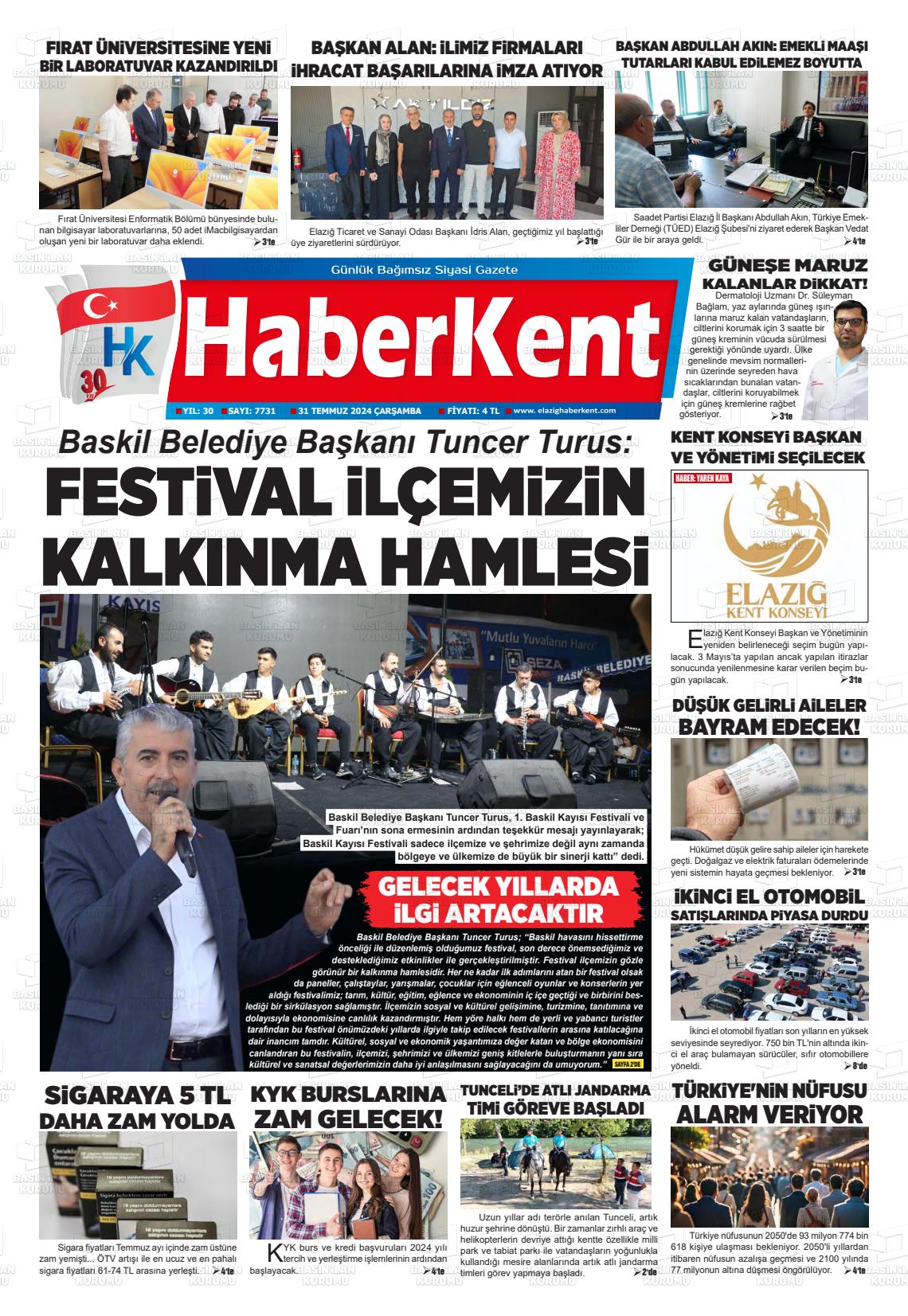 31 Temmuz 2024 Elazığ Haberkent Gazete Manşeti