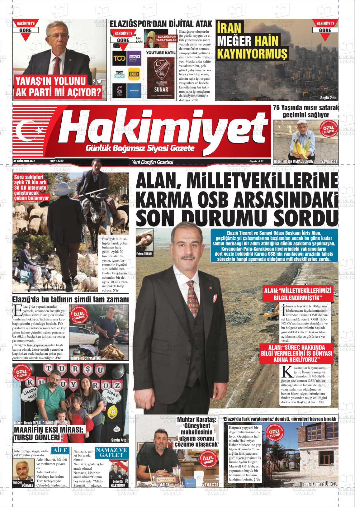 01 Ekim 2024 Elazığ Hakimiyet Gazete Manşeti