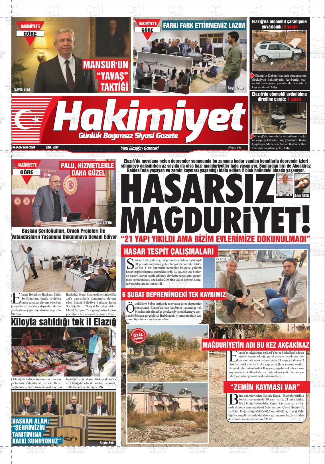 01 Kasım 2024 Elazığ Hakimiyet Gazete Manşeti