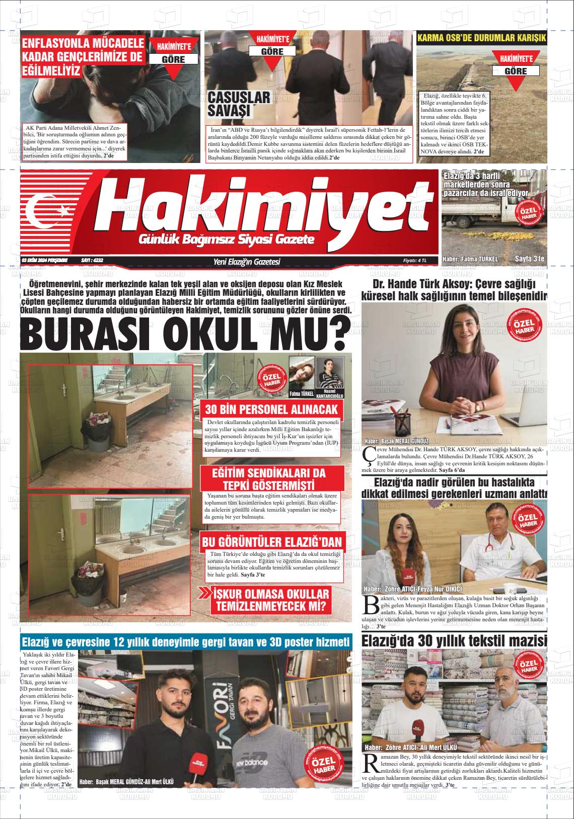 03 Ekim 2024 Elazığ Hakimiyet Gazete Manşeti