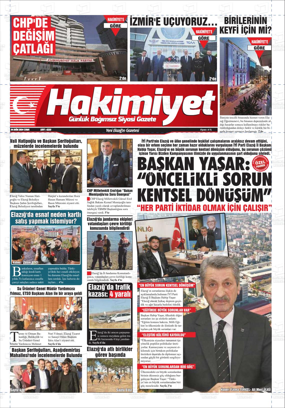 04 Ekim 2024 Elazığ Hakimiyet Gazete Manşeti