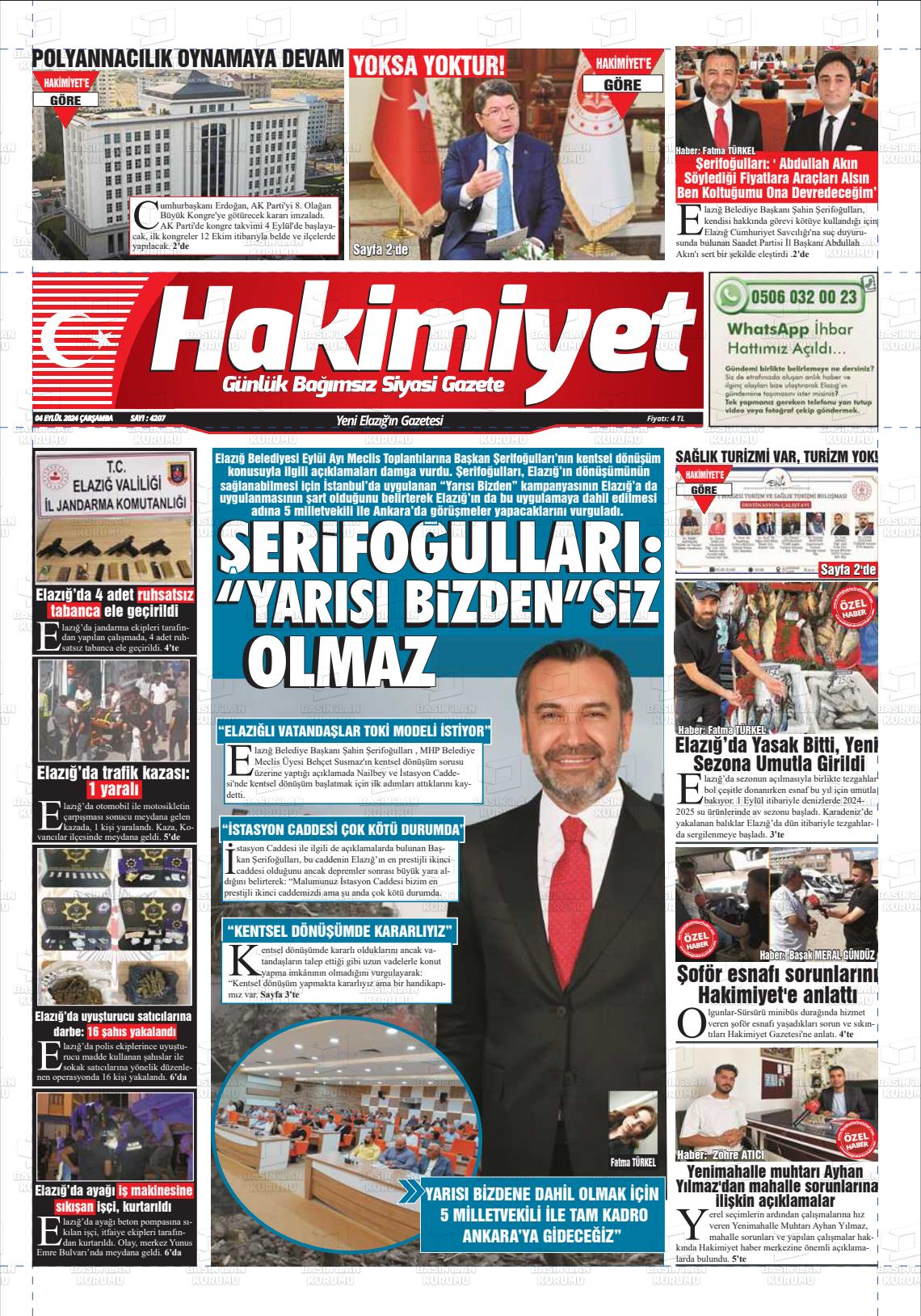 04 Eylül 2024 Elazığ Hakimiyet Gazete Manşeti