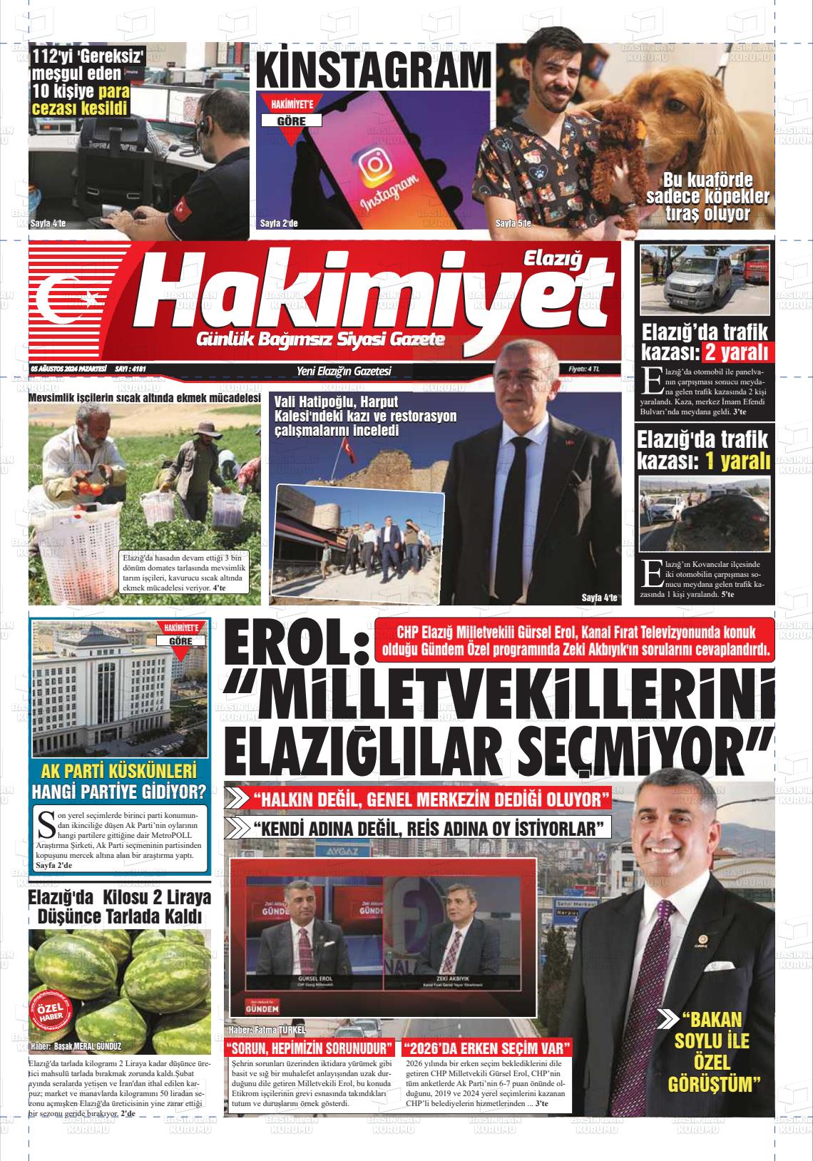 05 Ağustos 2024 Elazığ Hakimiyet Gazete Manşeti