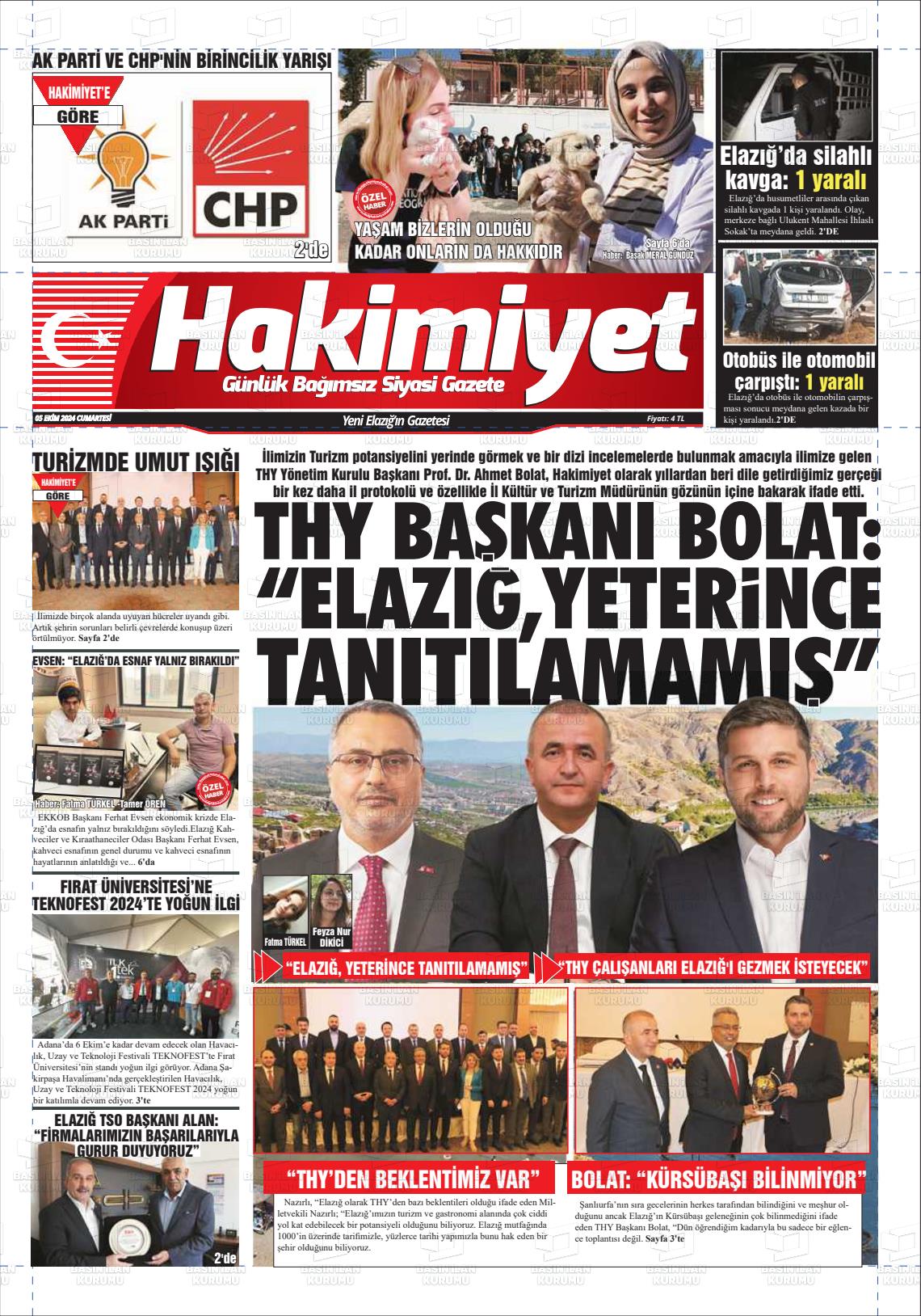 05 Ekim 2024 Elazığ Hakimiyet Gazete Manşeti