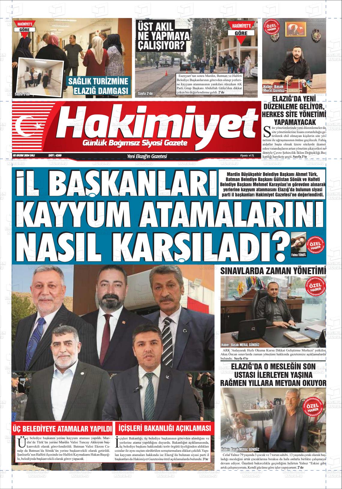 05 Kasım 2024 Elazığ Hakimiyet Gazete Manşeti