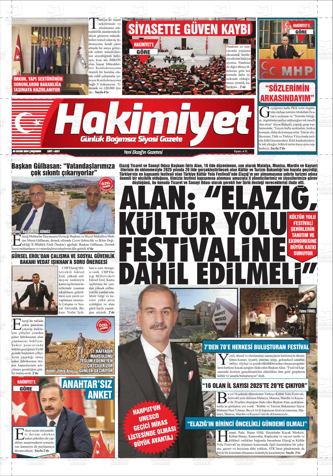 06 Kasım 2024 Elazığ Hakimiyet Gazete Manşeti