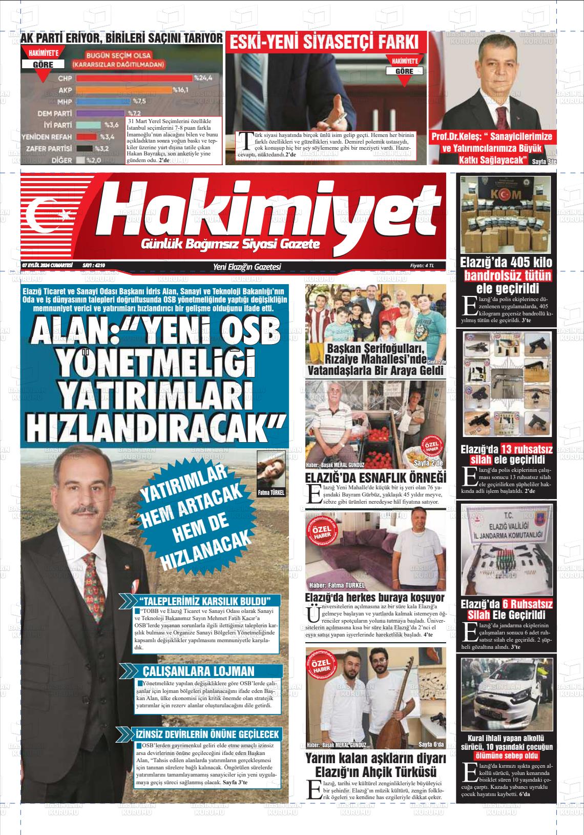 07 Eylül 2024 Elazığ Hakimiyet Gazete Manşeti