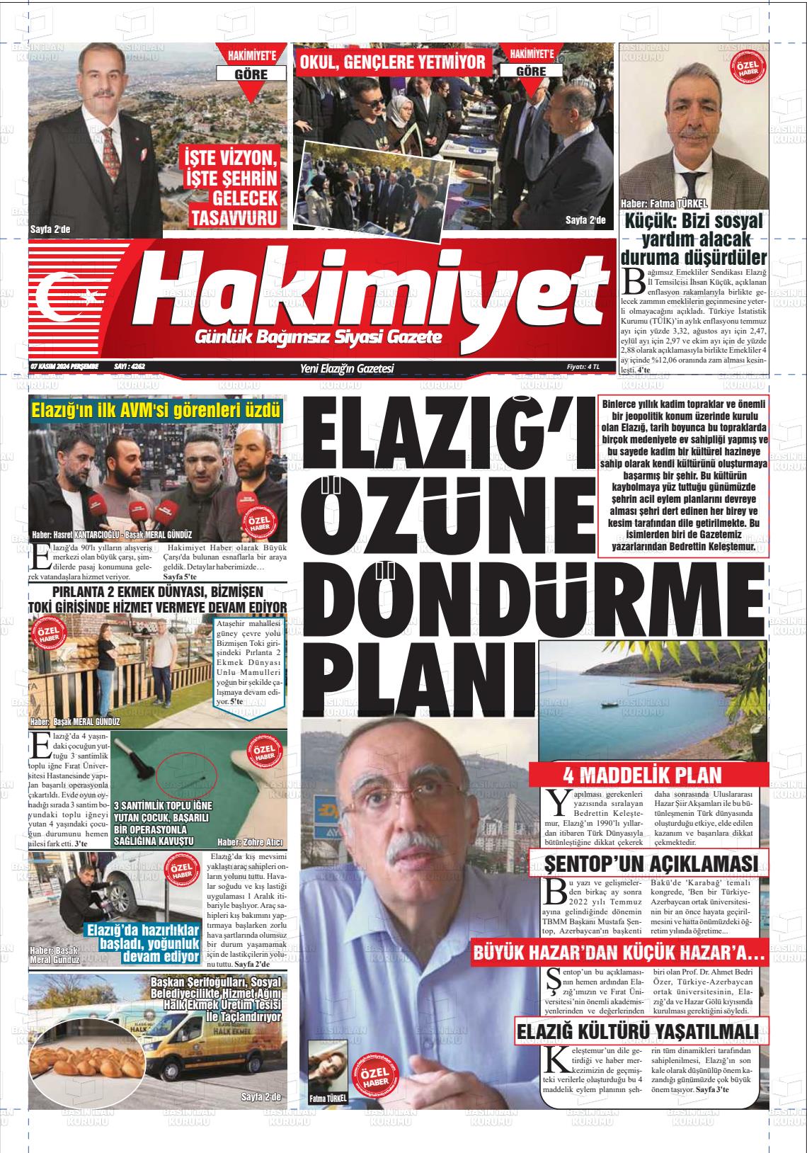 07 Kasım 2024 Elazığ Hakimiyet Gazete Manşeti